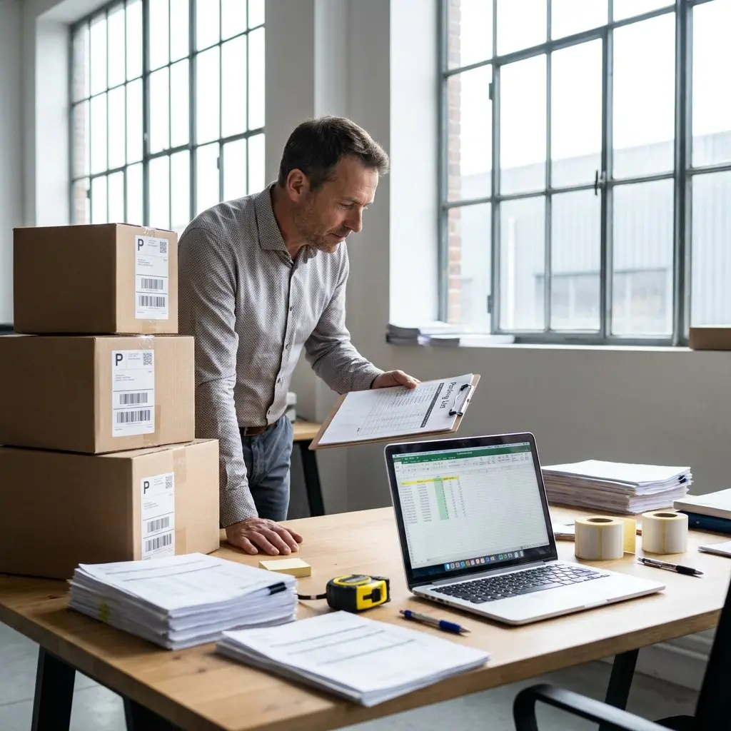 "A man in an office reviewing a clipboard next to stacked cardboard boxes and an open laptop."